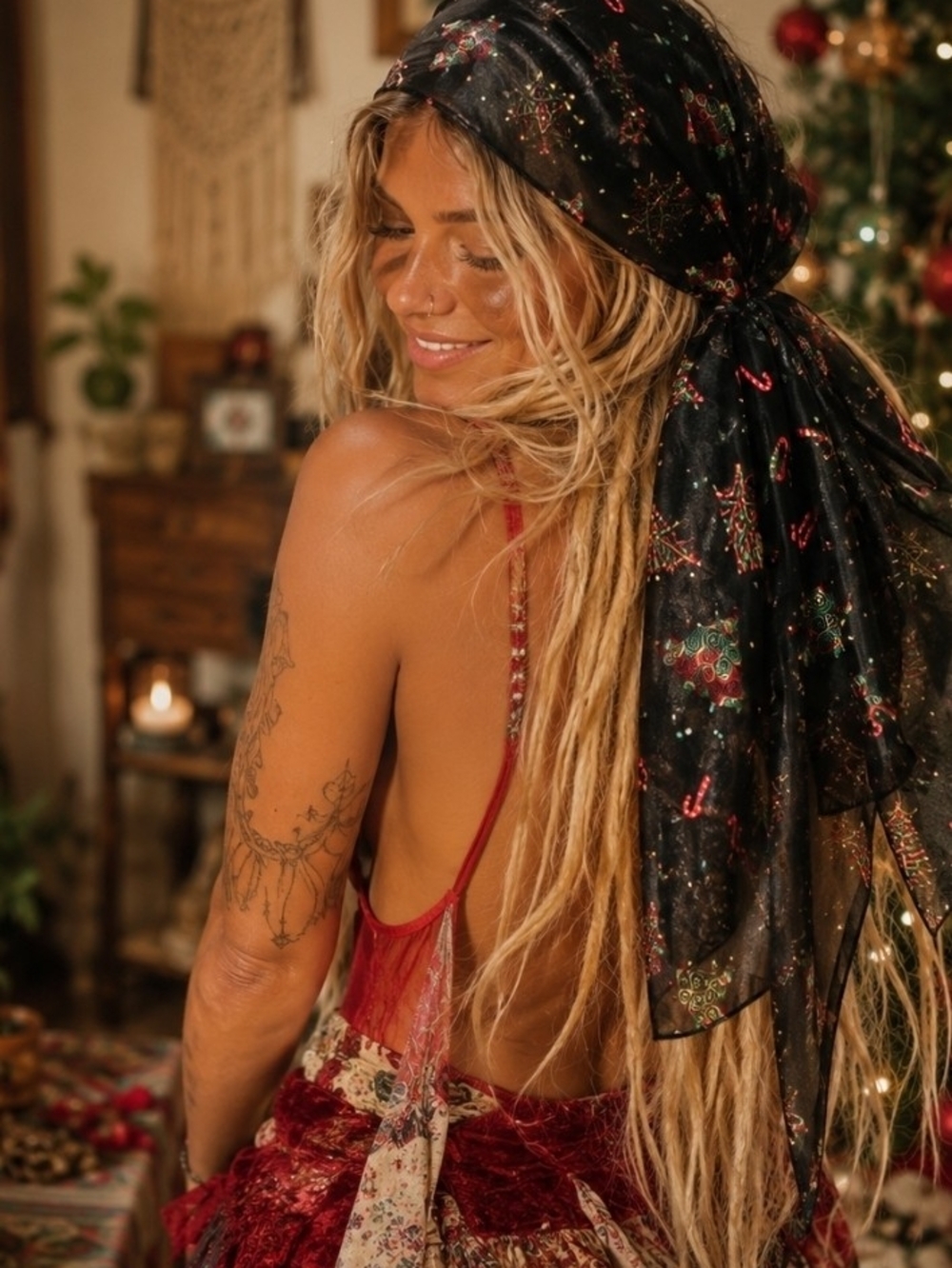4/$15 Boho Holiday Festive Red Black Satin And Sheer Patterned Scarf